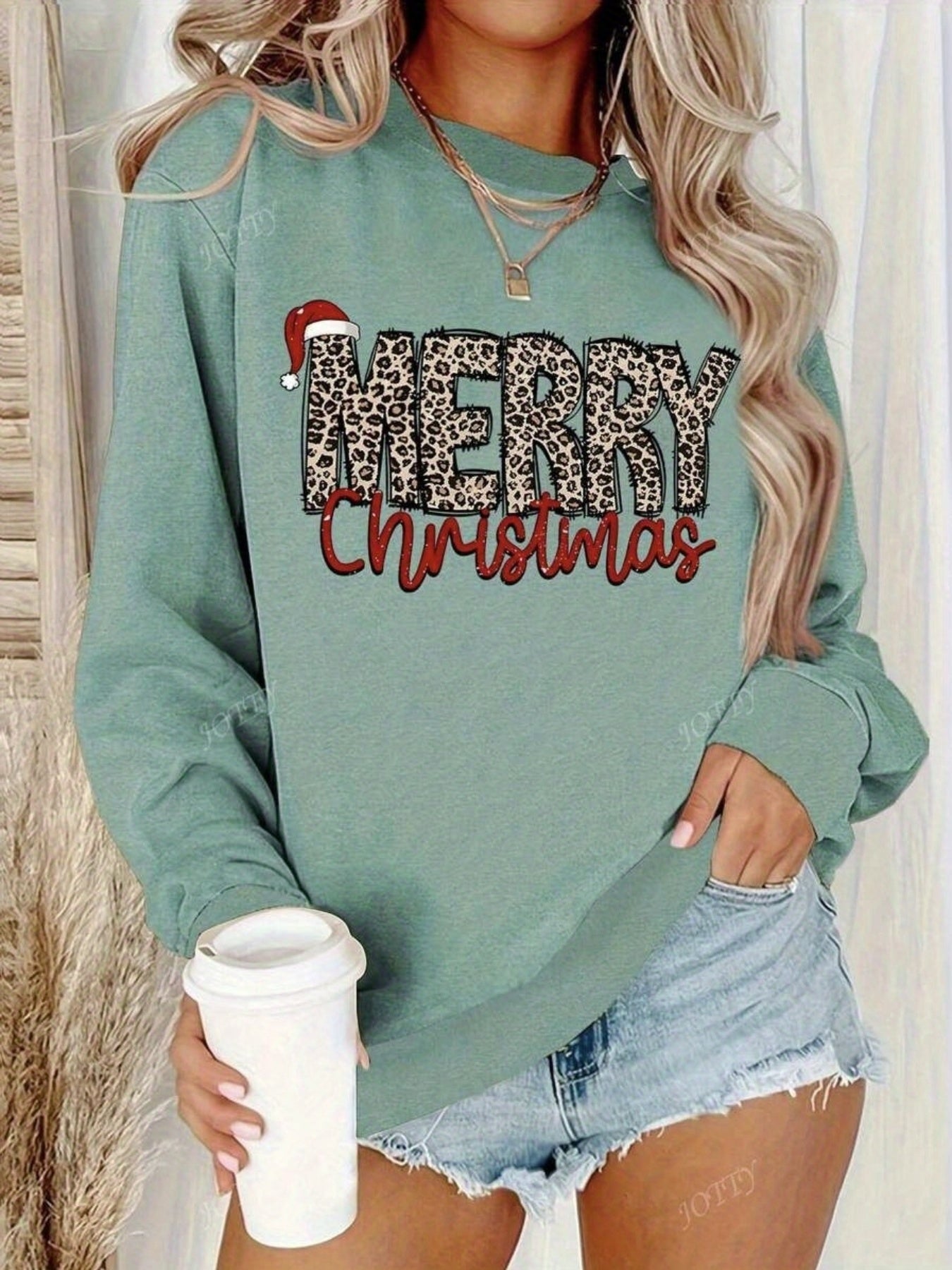 Women's Soft Mint Green Christmas Lettering Sweatshirt - Cozy Round Neck Pullover with Merry Christmas Print, Plaid & Heart Cutouts, Machine Washable Long Sleeve Sweater for Casual Winter Outfits & Holiday Parties, Christmas