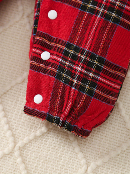 2pcs Baby Boy Christmas Party Outfit - Red & Black Plaid Long Sleeve Jumpsuit with Bow Tie & Hat, Casual School Style, Soft & Comfortable for Fall/Winter, Perfect for Holiday Celebrations, Baby Boy Christmas Clothes, for Outd