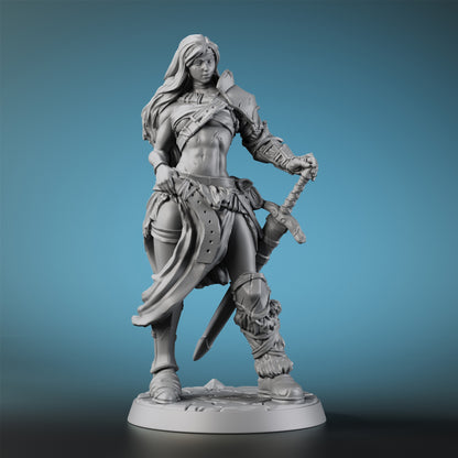 OMGLOBAL 25mm Female Barbarian RPG Miniature Figurine - Gray Resin Heroine with Sword and Axe, Perfect for Tabletop Role-Playing Games, Halloween, and Christmas Accessories
