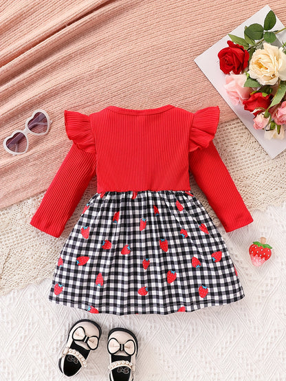 Baby Girl's Red & Black Gingham Checkered Dress with Ruffle Hem - Long Sleeve Round Neck Umbrella, Soft Fabric Casual Outfit for Newborn Toddler Girls, Easy Diaper Change, Girls Christmas Outfit, Christmas Dress Girls, Girls