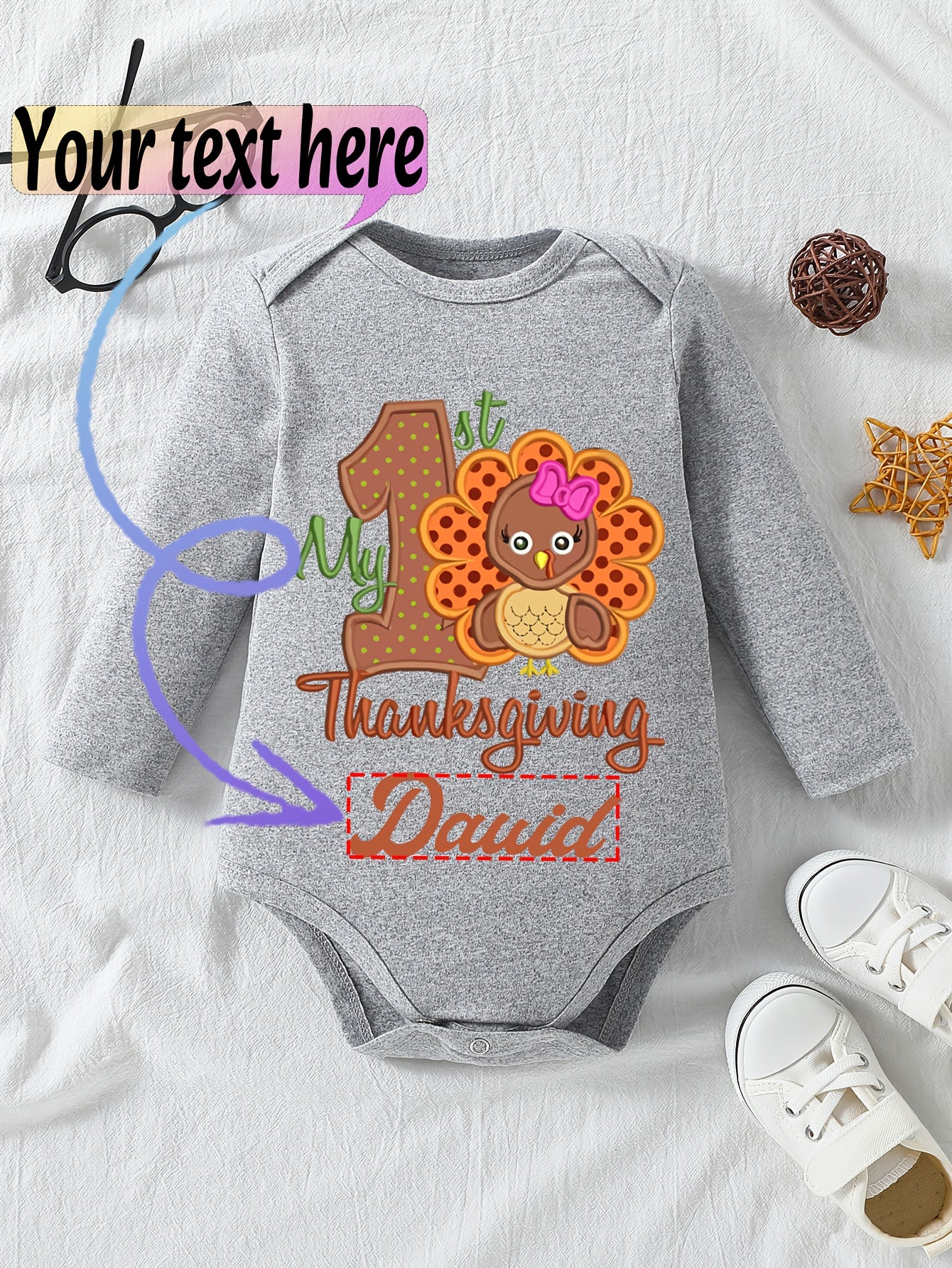 1pc Baby Long Sleeve Romper - Thanksgiving, Halloween, Christmas & Birthday Outfit with Custom Logo/Text - Soft Grey Onesie for Newborns, Infants, Toddlers - Easy Button Closure - Perfect for Photoshoots, Family Gatherings, E