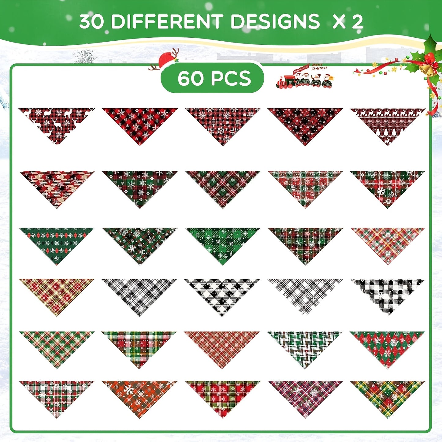 60pcs Christmas Snowflake Plaid Dog Bandanas Bulk Holiday Dog Scarf Bibs Puppy Bandanas Adjustable Washable Kerchief PET Costume Accessories Grooming Supplies for Small to Large Cats Dogs, Festive Pet Wear, Seasonal Pet Fashi