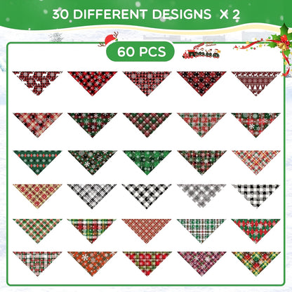 60pcs Christmas Snowflake Plaid Dog Bandanas Bulk Holiday Dog Scarf Bibs Puppy Bandanas Adjustable Washable Kerchief PET Costume Accessories Grooming Supplies for Small to Large Cats Dogs, Festive Pet Wear, Seasonal Pet Fashi