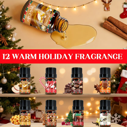 12*0.17oz Christmas Essential Oil Set - Christmas Wreath, Gingerbread, Cinnamon, Harvest Spices, Cedarwood, Peppermint - Air Freshener, Humidifier Supplies, Home Fragrance, Holiday Decor, Christmas Gift Set, Local Warehouse,
