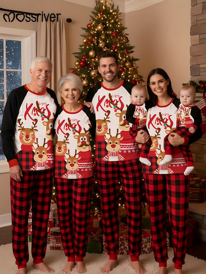 MOSSRIVER Christmas Pajamas Family Matching Soft Reindeer Print Set - Cozy Long Sleeve & Pants, Red & Plaid Design with Santa & Reindeer, Perfect for Celebrations, All-Season Comfort, Christmas Clothes, Festive, Playful Desig