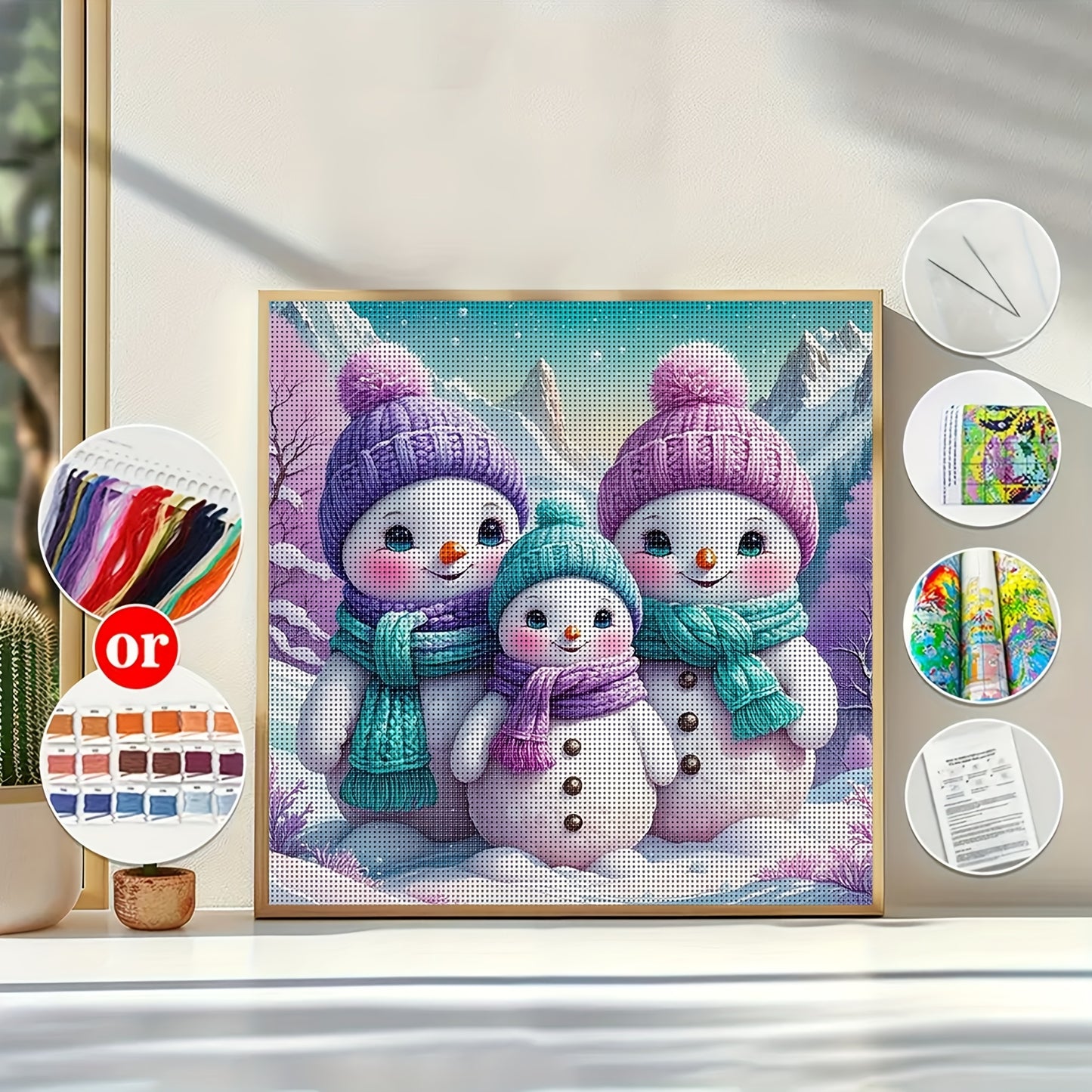 1 Set - Cute Snowman Theme Cross Stitch Painting Kit, DIY Art Needlework Supplies, High-Quality Embroidery Threads, Craft for Beginners and Experts. Full Home Decor Printed Embroideries Suitable as Wall Hangings in Entryway,