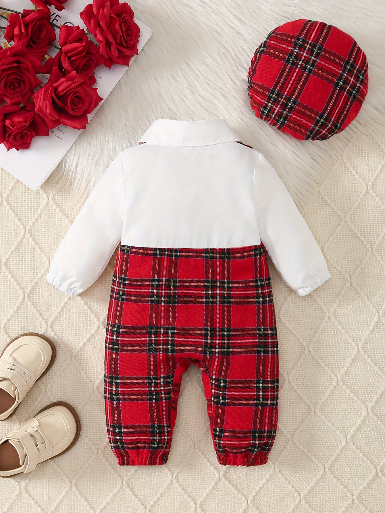 2pcs Baby Boy Christmas Party Outfit - Red & Black Plaid Long Sleeve Jumpsuit with Bow Tie & Hat, Casual School Style, Soft & Comfortable for Fall/Winter, Perfect for Holiday Celebrations, Baby Boy Christmas Clothes, for Outd