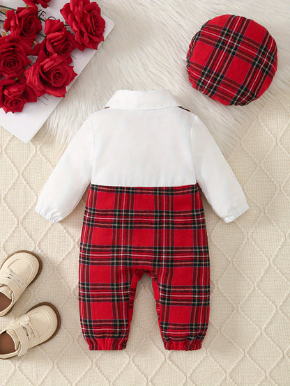 2pcs Baby Boy Christmas Party Outfit - Red & Black Plaid Long Sleeve Jumpsuit with Bow Tie & Hat, Casual School Style, Soft & Comfortable for Fall/Winter, Perfect for Holiday Celebrations, Baby Boy Christmas Clothes, for Outd