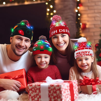 4pcs LED Light-Up Christmas Hats - Festive Knit Winter Hats with Glitter Accents, Perfect for Adults & Kids, Christmas & New Year Celebrations,  Material, Battery Operated (Button Battery), Christmas Accessories Halloween&Chr