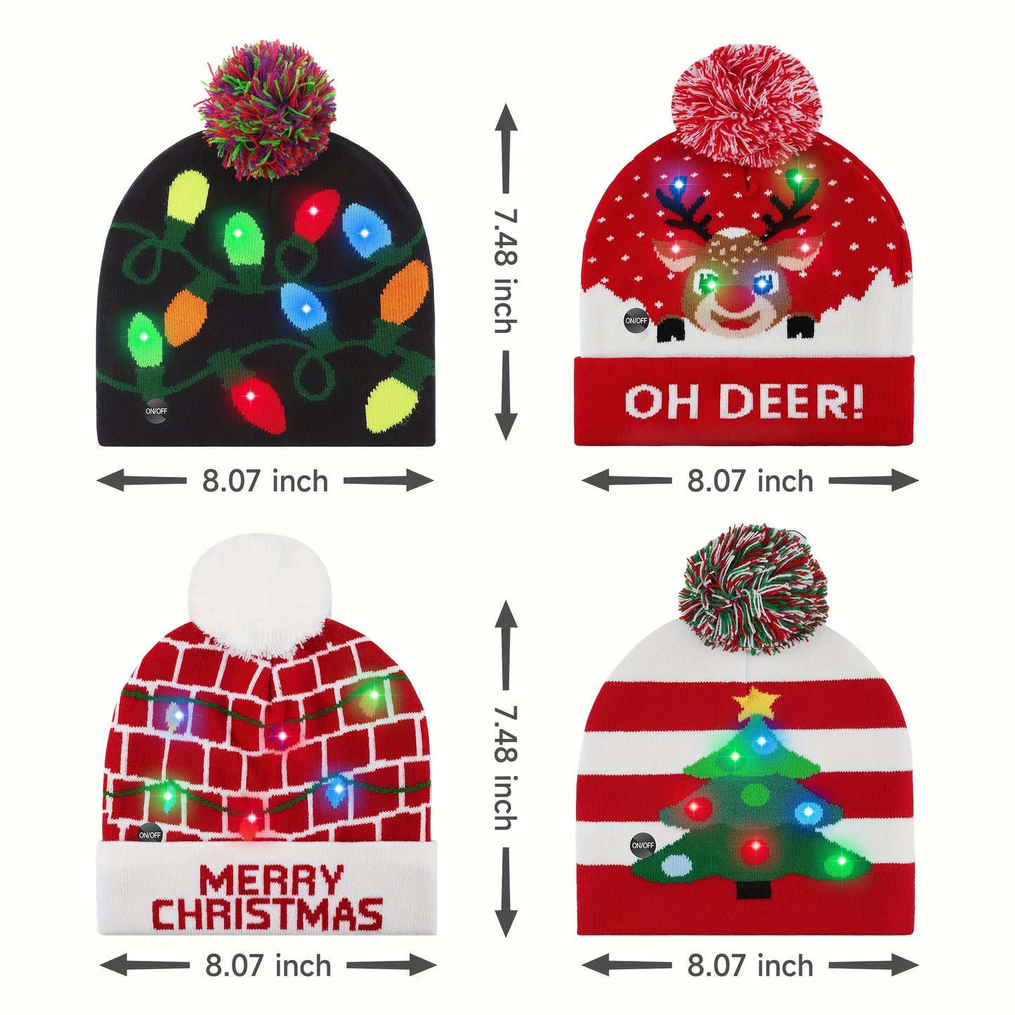 4pcs LED Light-Up Christmas Hats - Festive Knit Winter Hats with Glitter Accents, Perfect for Adults & Kids, Christmas & New Year Celebrations,  Material, Battery Operated (Button Battery), Christmas Accessories Halloween&Chr