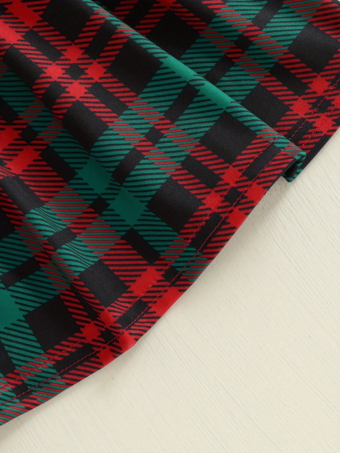 Baby Girl Christmas Dress with Santa Hat & Plaid Skirt - Long Sleeve A-Line Winter Outfit, Ruffle Trim, Knee-Length, Red & Green Checkered Design, Perfect for Fall & Winter, Baby Girl Christmas Clothes, Holiday Infant Wear, P