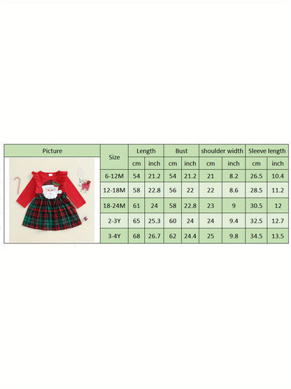 Baby Girl Christmas Dress with Santa Hat & Plaid Skirt - Long Sleeve A-Line Winter Outfit, Ruffle Trim, Knee-Length, Red & Green Checkered Design, Perfect for Fall & Winter, Baby Girl Christmas Clothes, Holiday Infant Wear, P