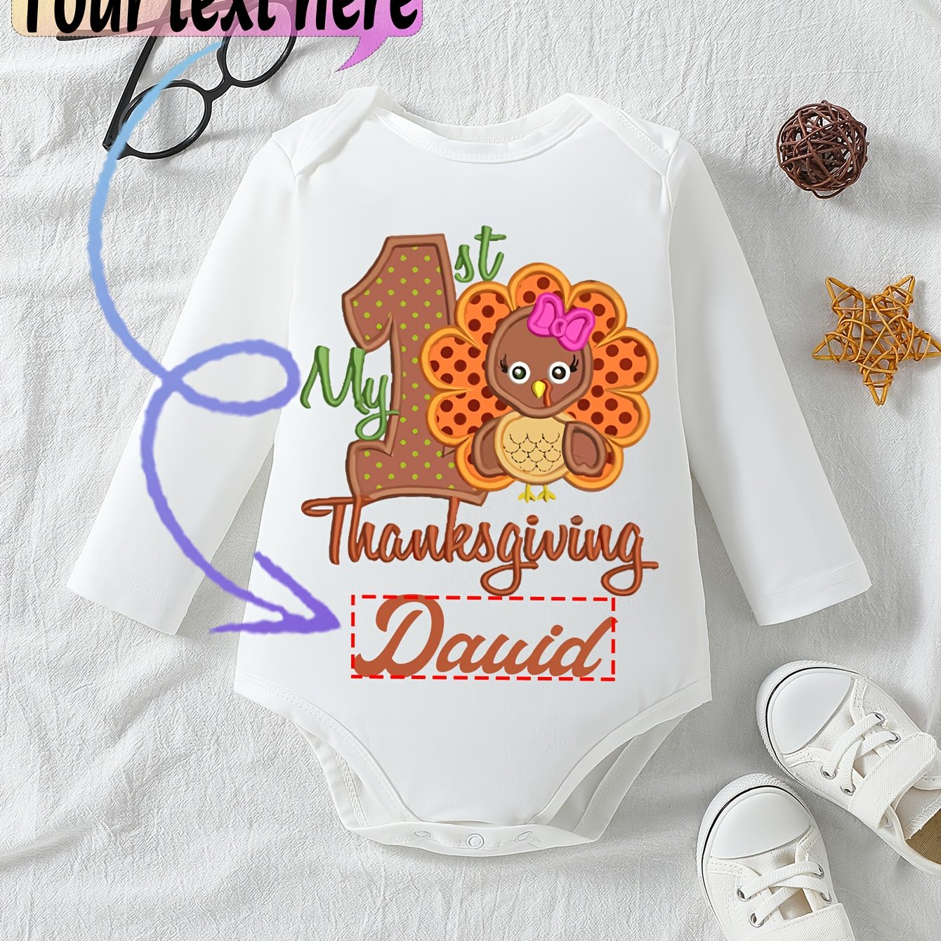 1pc Baby Long Sleeve Romper - Thanksgiving, Halloween, Christmas & Birthday Outfit with Custom Logo/Text - Soft Grey Onesie for Newborns, Infants, Toddlers - Easy Button Closure - Perfect for Photoshoots, Family Gatherings, E