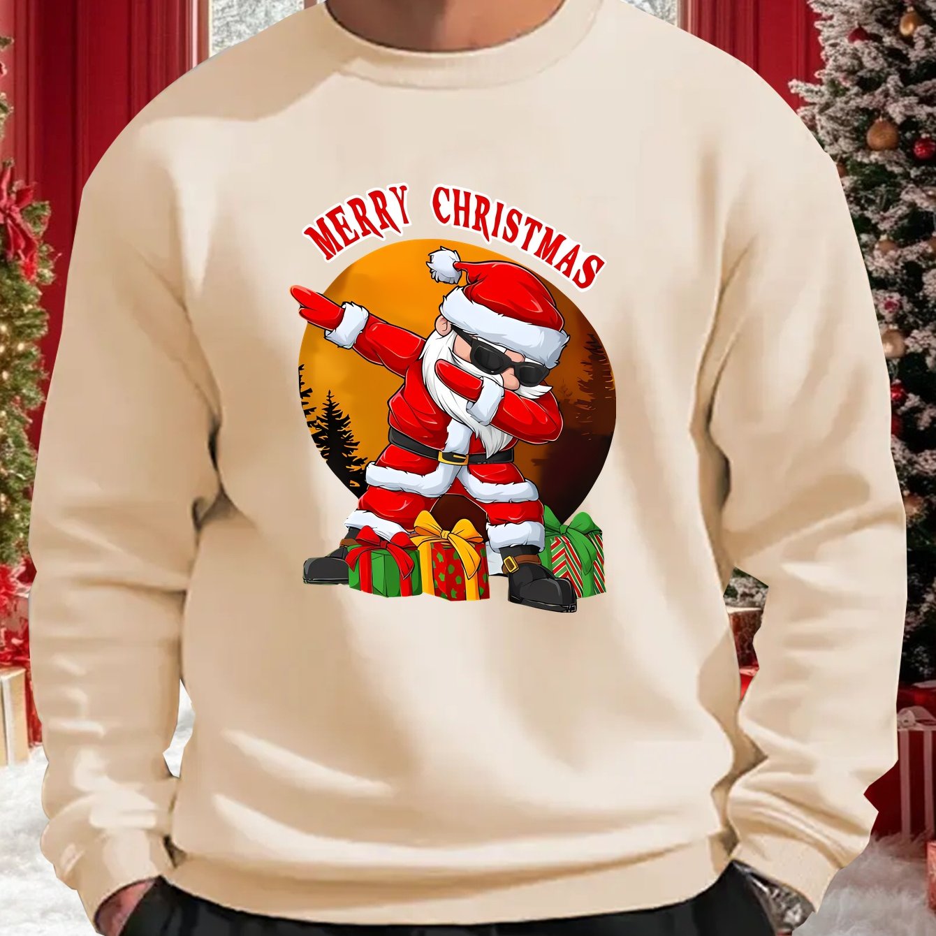 Men's Christmas Santa Claus & Reindeer Print Sweater, Oversized Round Neck Casual Pullover, 'Merry Christmas' Lettering Loose Fit Winter Warmth, Machine Washable Holiday Party Outfit, Christmas Clothes Festive Clothing