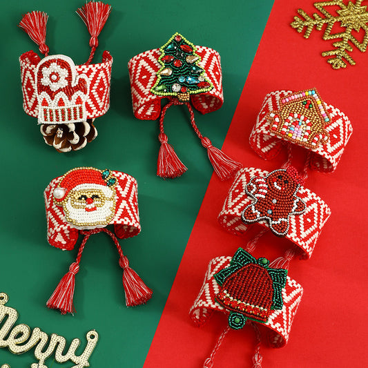 1pc Festive Christmas Tree & Santa Claus Gingerbread for Man Rice Bead Braided Fringe Bracelet - Adjustable, Colorful Holiday Jewelry for Women, Perfect for Daily Wear & Parties, Christmas Accessories