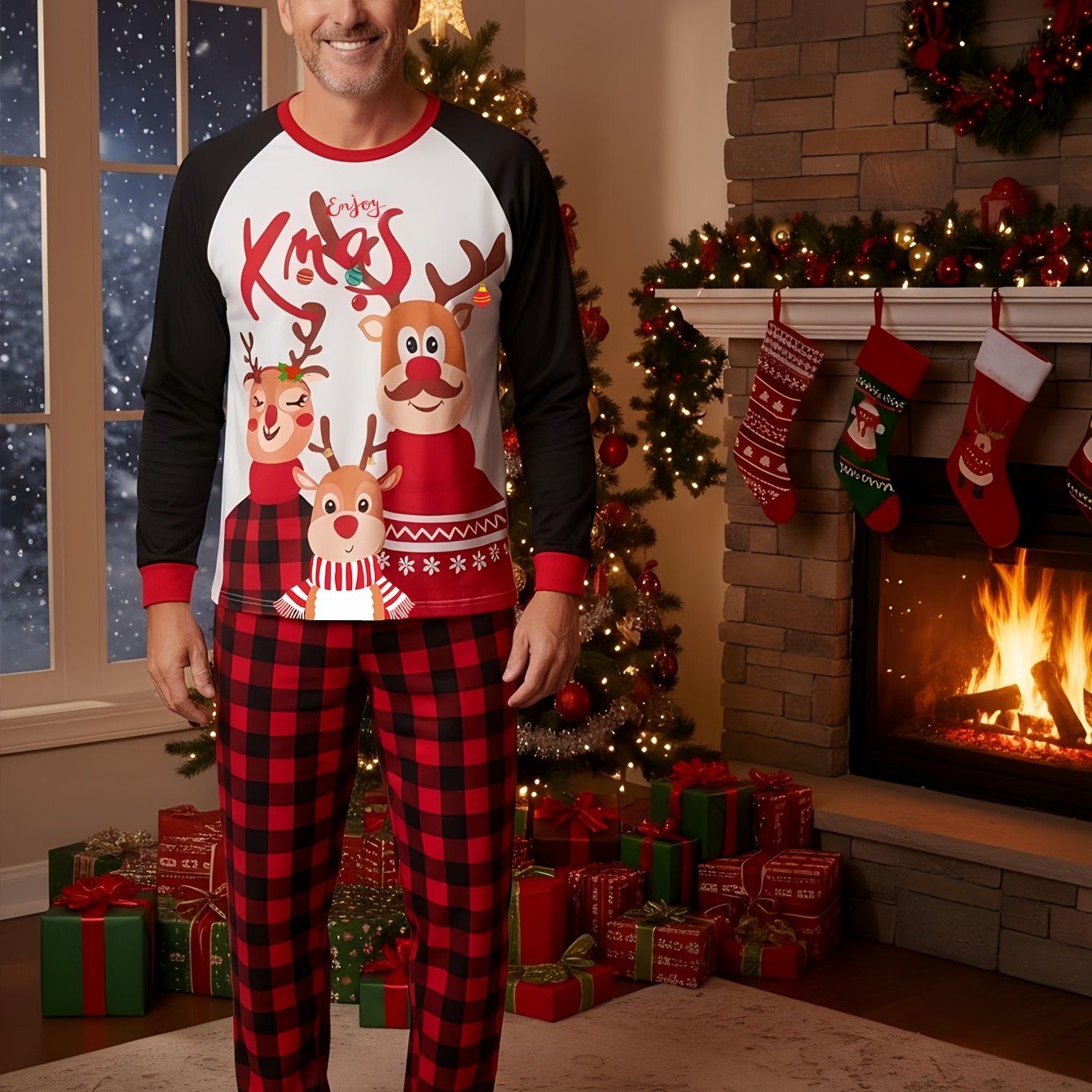 MOSSRIVER Christmas Pajamas Family Matching Soft Reindeer Print Set - Cozy Long Sleeve & Pants, Red & Plaid Design with Santa & Reindeer, Perfect for Celebrations, All-Season Comfort, Christmas Clothes, Festive, Playful Desig