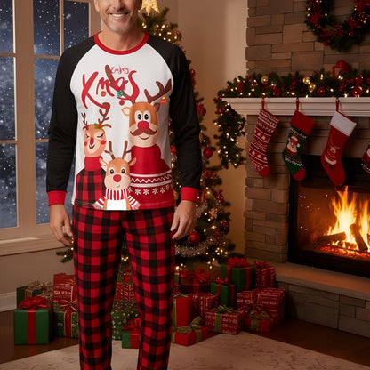 MOSSRIVER Christmas Pajamas Family Matching Soft Reindeer Print Set - Cozy Long Sleeve & Pants, Red & Plaid Design with Santa & Reindeer, Perfect for Celebrations, All-Season Comfort, Christmas Clothes, Festive, Playful Desig