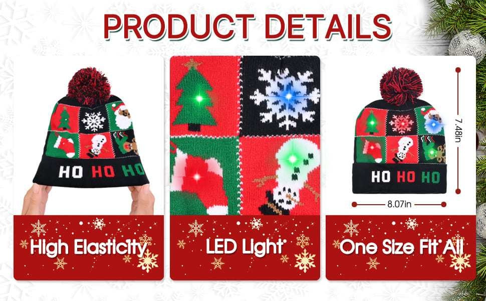 4pcs LED Light-Up Christmas Hats - Festive Knit Winter Hats with Glitter Accents, Perfect for Adults & Kids, Christmas & New Year Celebrations,  Material, Battery Operated (Button Battery), Christmas Accessories Halloween&Chr