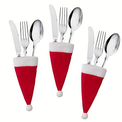10pcs, Christmas Knife And Fork Small Hat, 2.36*4.72inch Red Mini Christmas Hat, Wine Bottle Knife And Fork Table Decoration, Suitable For Winter Christmas And All Seasons, Furry Christmas Accessories, Kitchen Accessories, Ki
