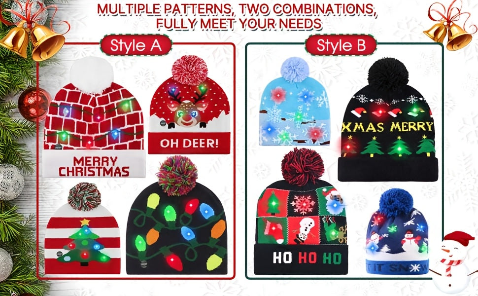 4pcs LED Light-Up Christmas Hats - Festive Knit Winter Hats with Glitter Accents, Perfect for Adults & Kids, Christmas & New Year Celebrations,  Material, Battery Operated (Button Battery), Christmas Accessories Halloween&Chr