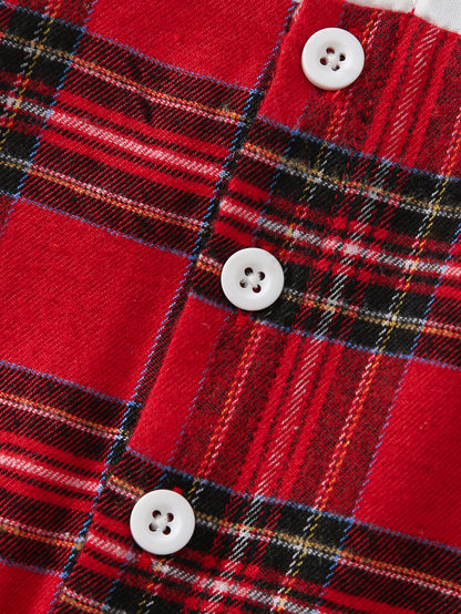 2pcs Baby Boy Christmas Party Outfit - Red & Black Plaid Long Sleeve Jumpsuit with Bow Tie & Hat, Casual School Style, Soft & Comfortable for Fall/Winter, Perfect for Holiday Celebrations, Baby Boy Christmas Clothes, for Outd