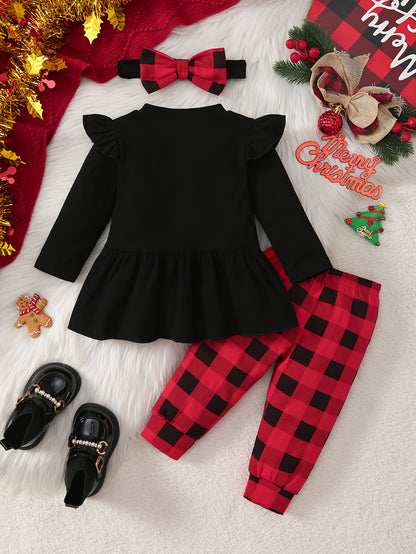 Adorable Baby Girl Christmas Outfit - Cozy Long-Sleeve Dress with "My 1st Christmas" Tree Print, Matching Checkered Pants & Red Bow Tie Scarf - Perfect Holiday Set for Newborns, Baby Girl Christmas Clothes, Perfect for Outdoo