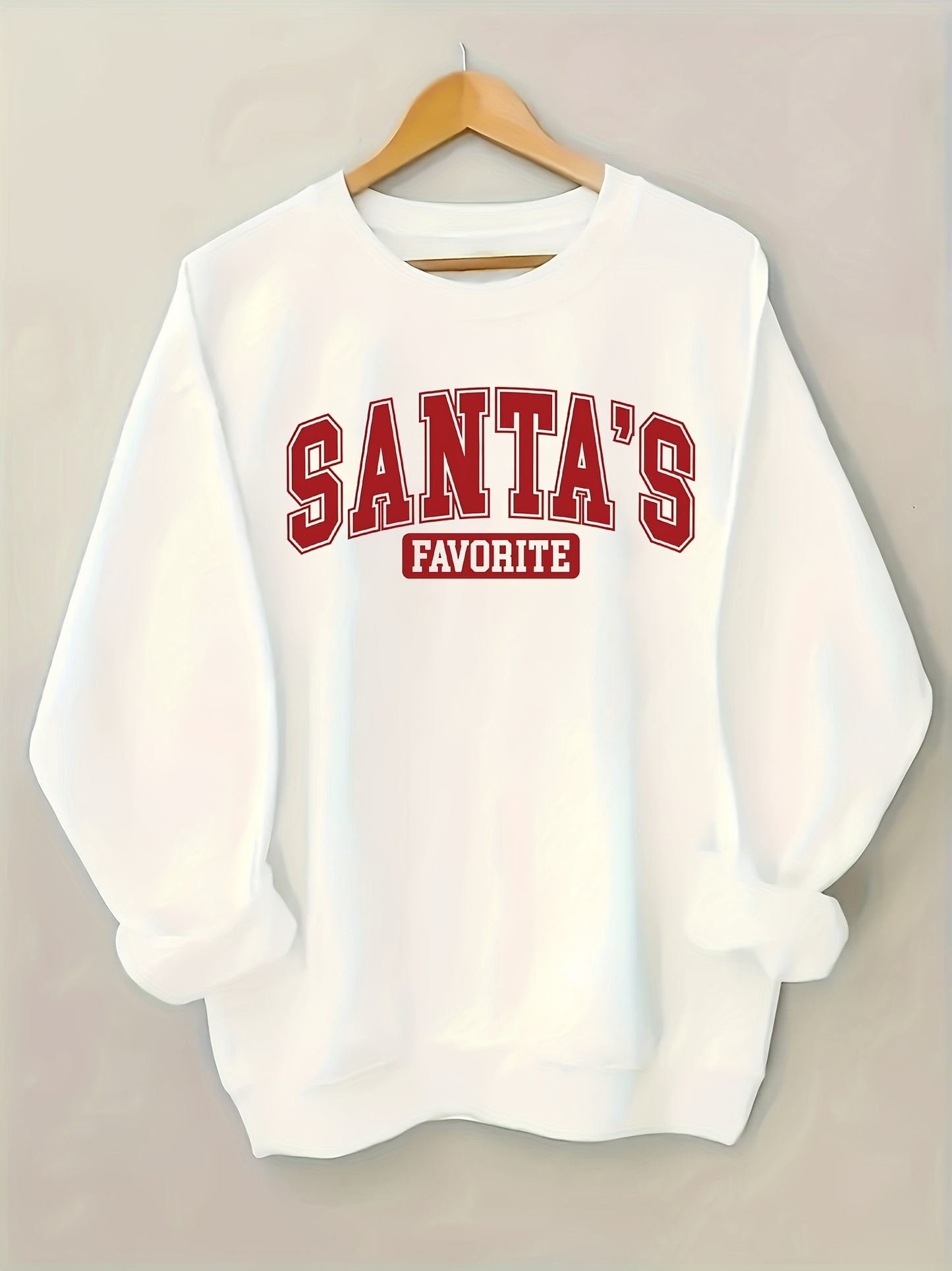 Women's White Christmas Crewneck Sweatshirt with "SANTA's FAVORITE" Red Lettering - Casual Round Neck Long Sleeve Holiday Sweater, Machine Washable All-Season Casual Wear, Festive Winter Party Outfit & Everyday Winter Clothin