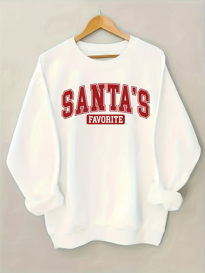Women's White Christmas Crewneck Sweatshirt with "SANTA's FAVORITE" Red Lettering - Casual Round Neck Long Sleeve Holiday Sweater, Machine Washable All-Season Casual Wear, Festive Winter Party Outfit & Everyday Winter Clothin