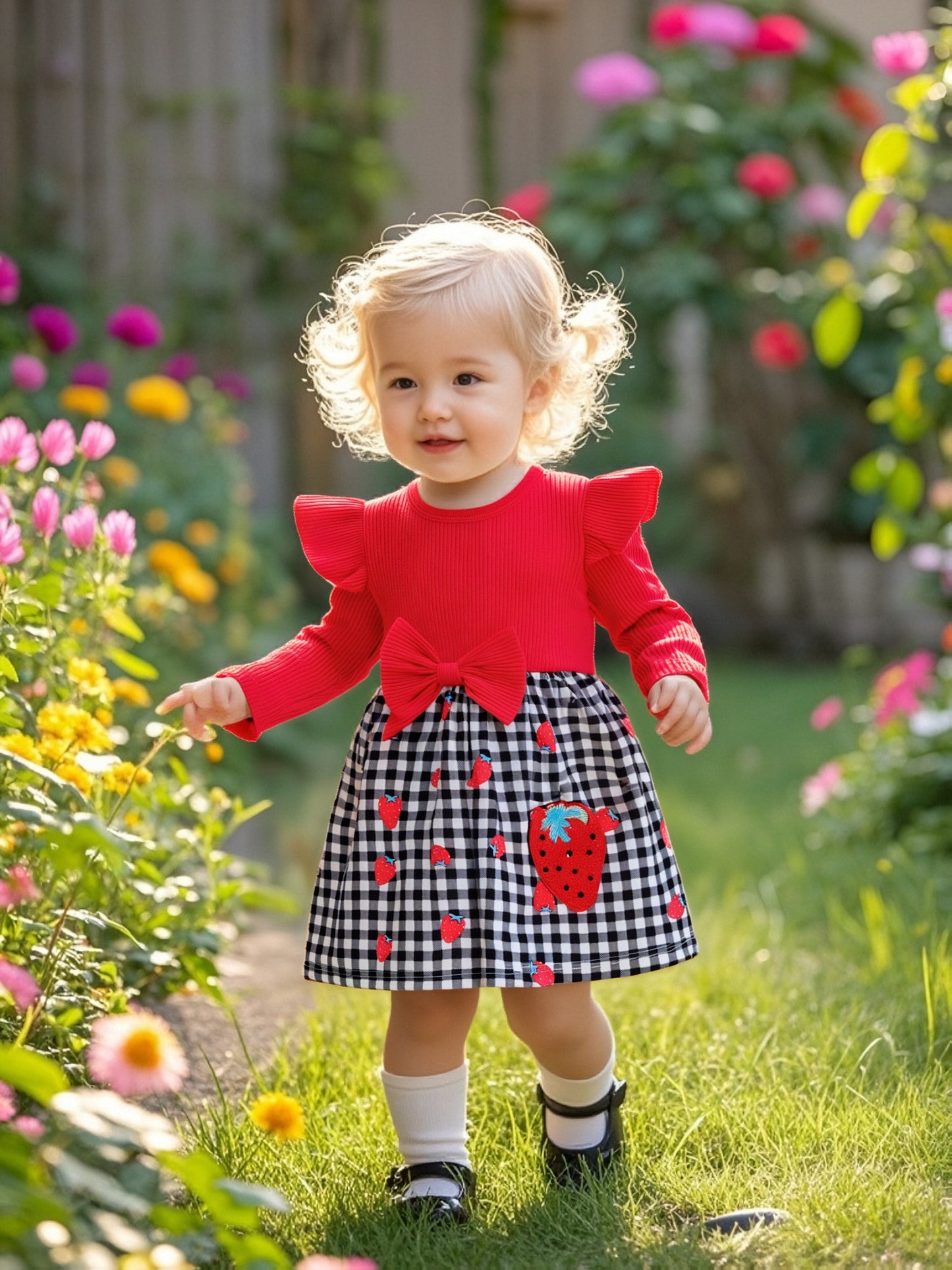 Baby Girl's Red & Black Gingham Checkered Dress with Ruffle Hem - Long Sleeve Round Neck Umbrella, Soft Fabric Casual Outfit for Newborn Toddler Girls, Easy Diaper Change, Girls Christmas Outfit, Christmas Dress Girls, Girls