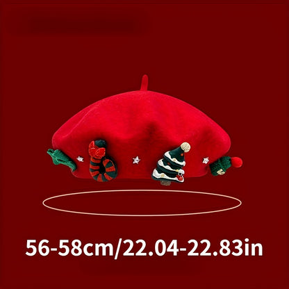 Ladies' Red Christmas Beret with 3D Christmas Tree Winter Hat Suitable for Holiday Parties, Photography, Valentine'S Day And New Year'S Eve, Festive Christmas Headwear, Seasonal Clothing, Decorative Headwear, A Must-have for