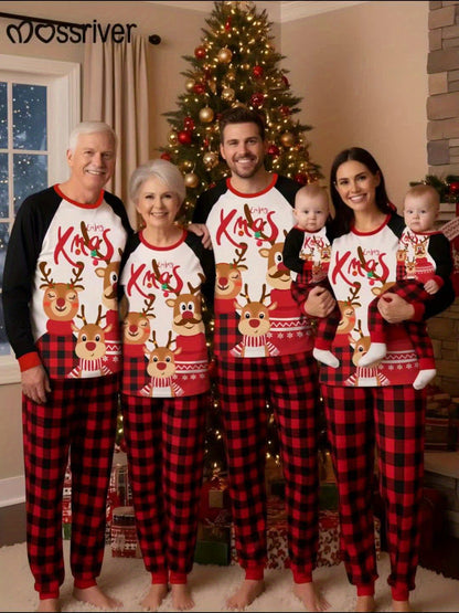 MOSSRIVER Christmas Pajamas Family Matching Soft Reindeer Print Set - Cozy Long Sleeve & Pants, Red & Plaid Design with Santa & Reindeer, Perfect for Celebrations, All-Season Comfort, Christmas Clothes, Festive, Playful Desig