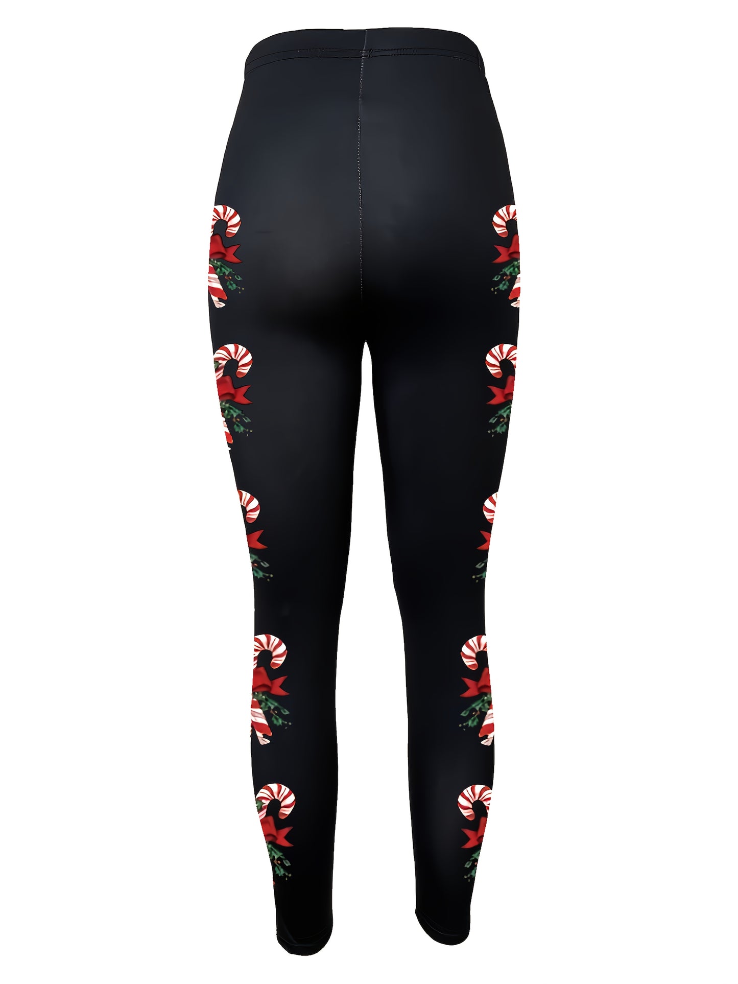 Plus Size, Women's Elegant Christmas Leggings - Stretchy Skinny Pants with Candy Cane & Holly Print, Red/Green/White/Black, Machine Washable Tights for Holiday Parties, Casual & Formal Outfits (Spring, Summer, Fall) - Festive