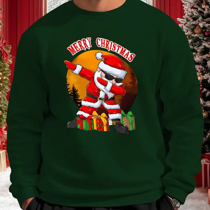 Men's Christmas Santa Claus & Reindeer Print Sweater, Oversized Round Neck Casual Pullover, 'Merry Christmas' Lettering Loose Fit Winter Warmth, Machine Washable Holiday Party Outfit, Christmas Clothes Festive Clothing