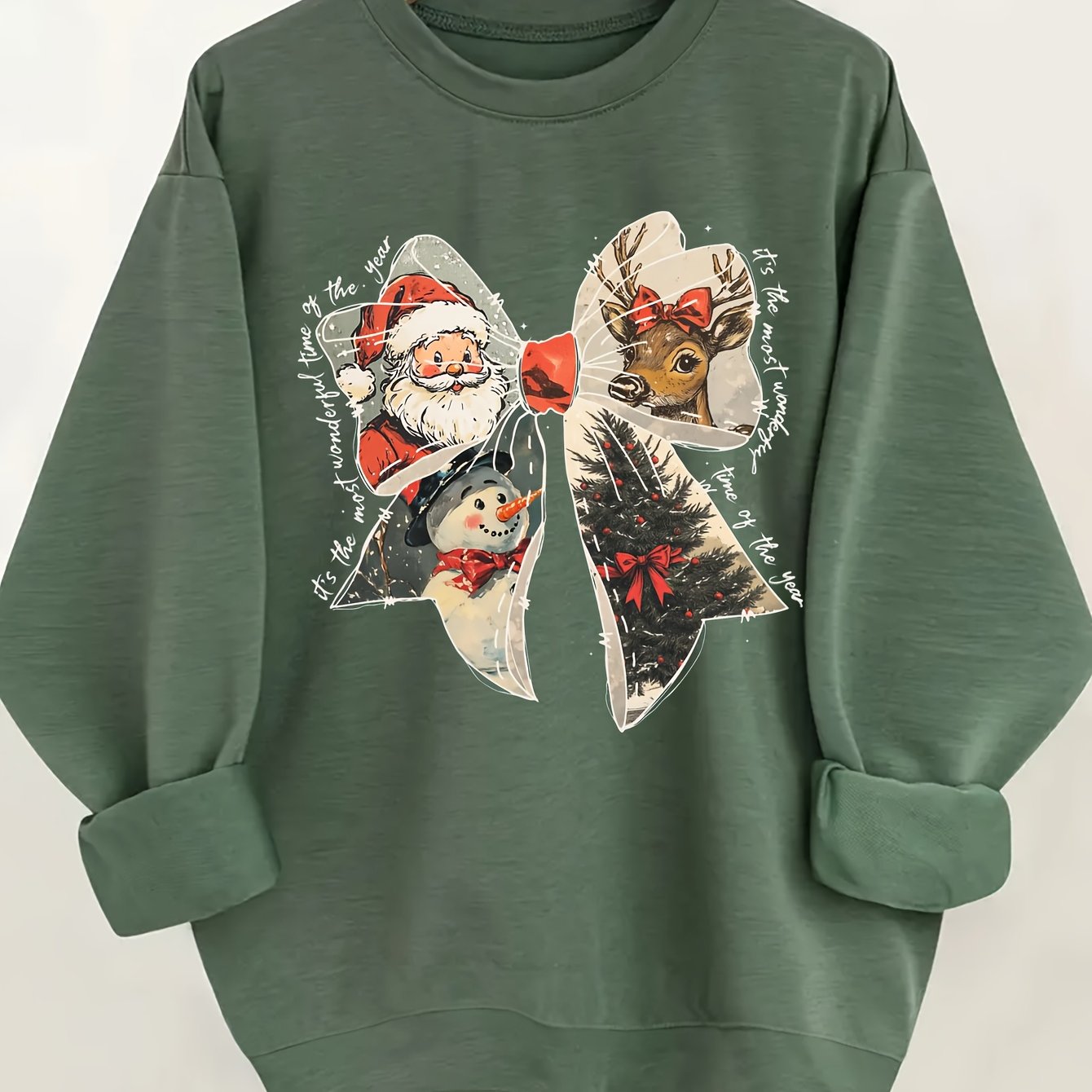 Women'S Christmas Sweater - Olive Green Holiday Pullover with Santa, Cozy Long Sleeve Round Neck Sweater for Christmas Party, Family Gathering, Everyday Winter Outfits - Easy Care Casual Holiday Top, Christmas Clothes, Festiv