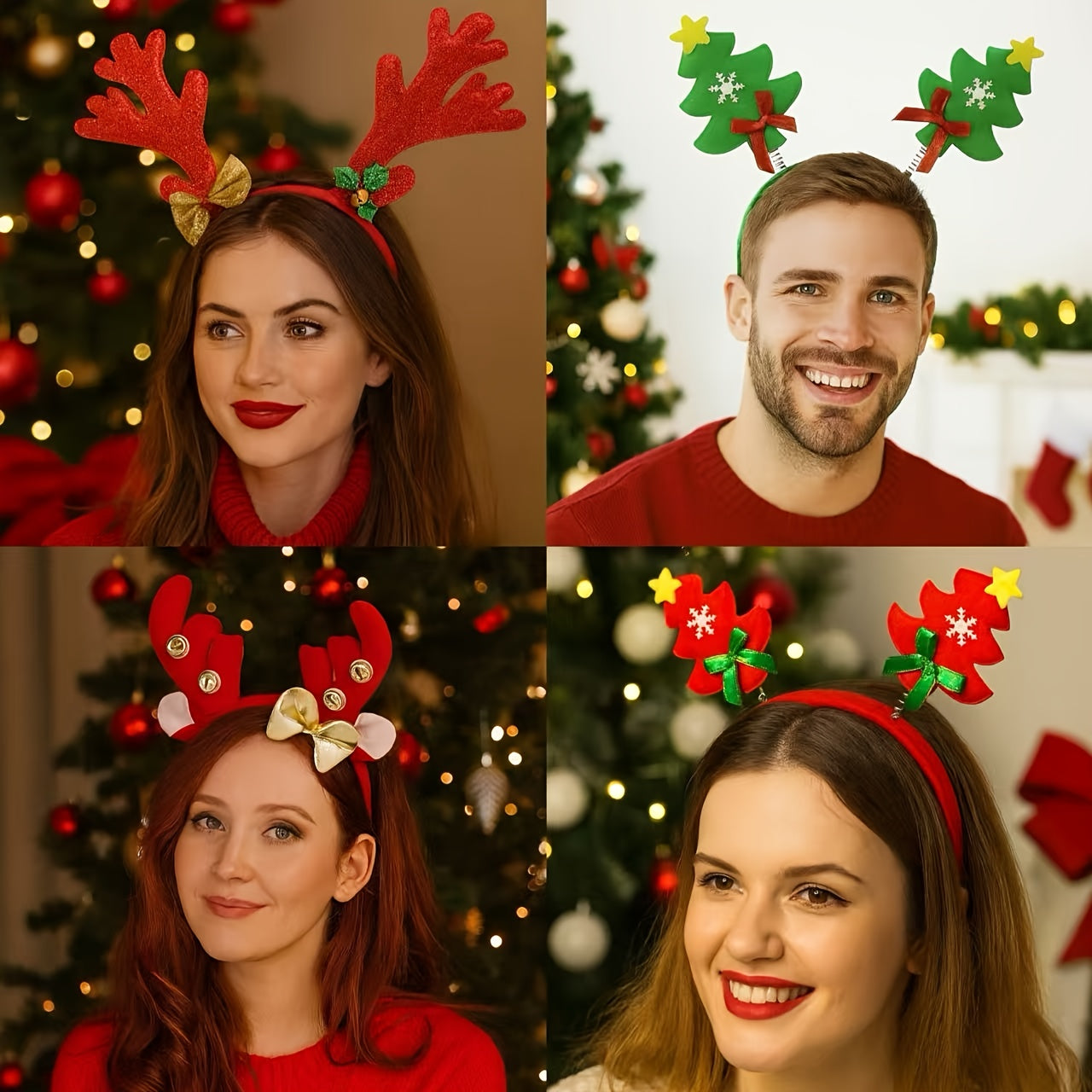 4-Pack Christmas Headbands - Soft Plastic Reindeer Antler & Floral Holiday Headwear, Unisex Party Accessories for Women & Men, Hand Wash Only, No Power Needed, Festive Holiday Decorations, Christmas Accessories, Festive Headw