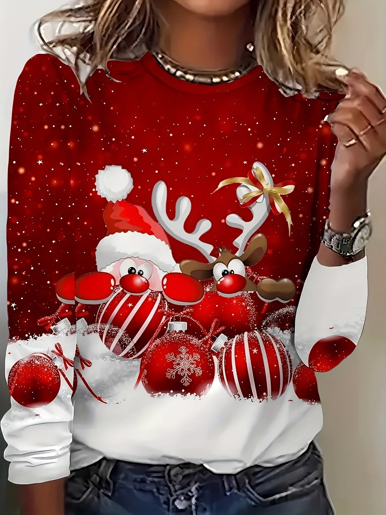 [Christmas Sweater-like Top] Christmas Women's Long Sleeve T-Shirt - Red & White Santa Reindeer Candy Cane Snowflake Print Sweater-like Top | Round Neck Casual Holiday Party Outfit, Machine Washable Winter Blouse (All-Season