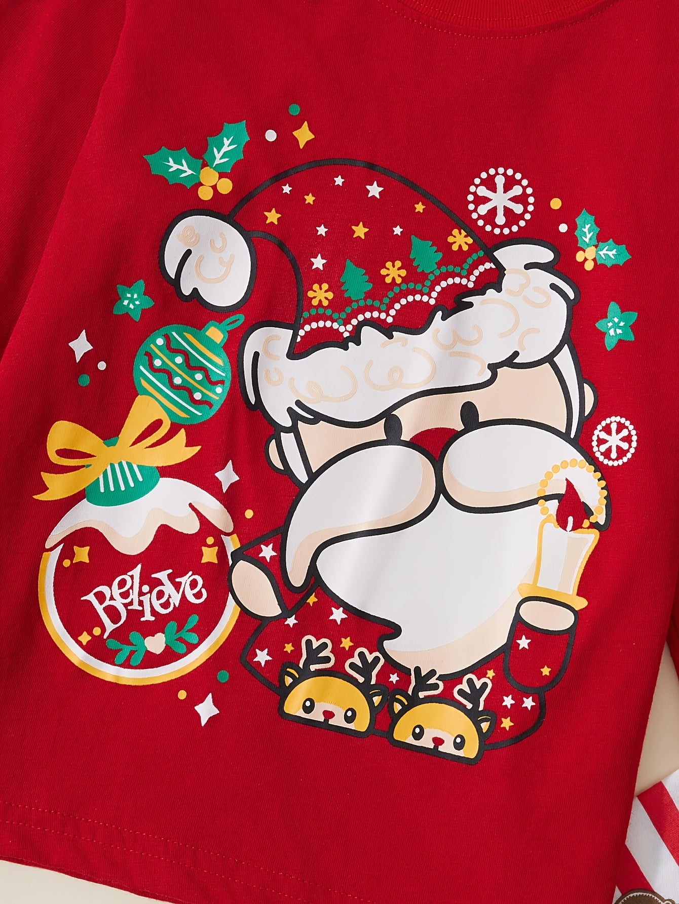 [Christmas Santa Claus Set] Christmas Santa Claus Boys & Girls Set - Red Long Sleeve Top with Santa & Snowflake Print, Red & White Striped Pants, Round Neck, All-Season Comfort, Casual Home Wear, Christmas Pajamas, Christmas