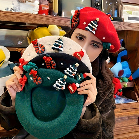 Ladies' Red Christmas Beret with 3D Christmas Tree Winter Hat Suitable for Holiday Parties, Photography, Valentine'S Day And New Year'S Eve, Festive Christmas Headwear, Seasonal Clothing, Decorative Headwear, A Must-have for