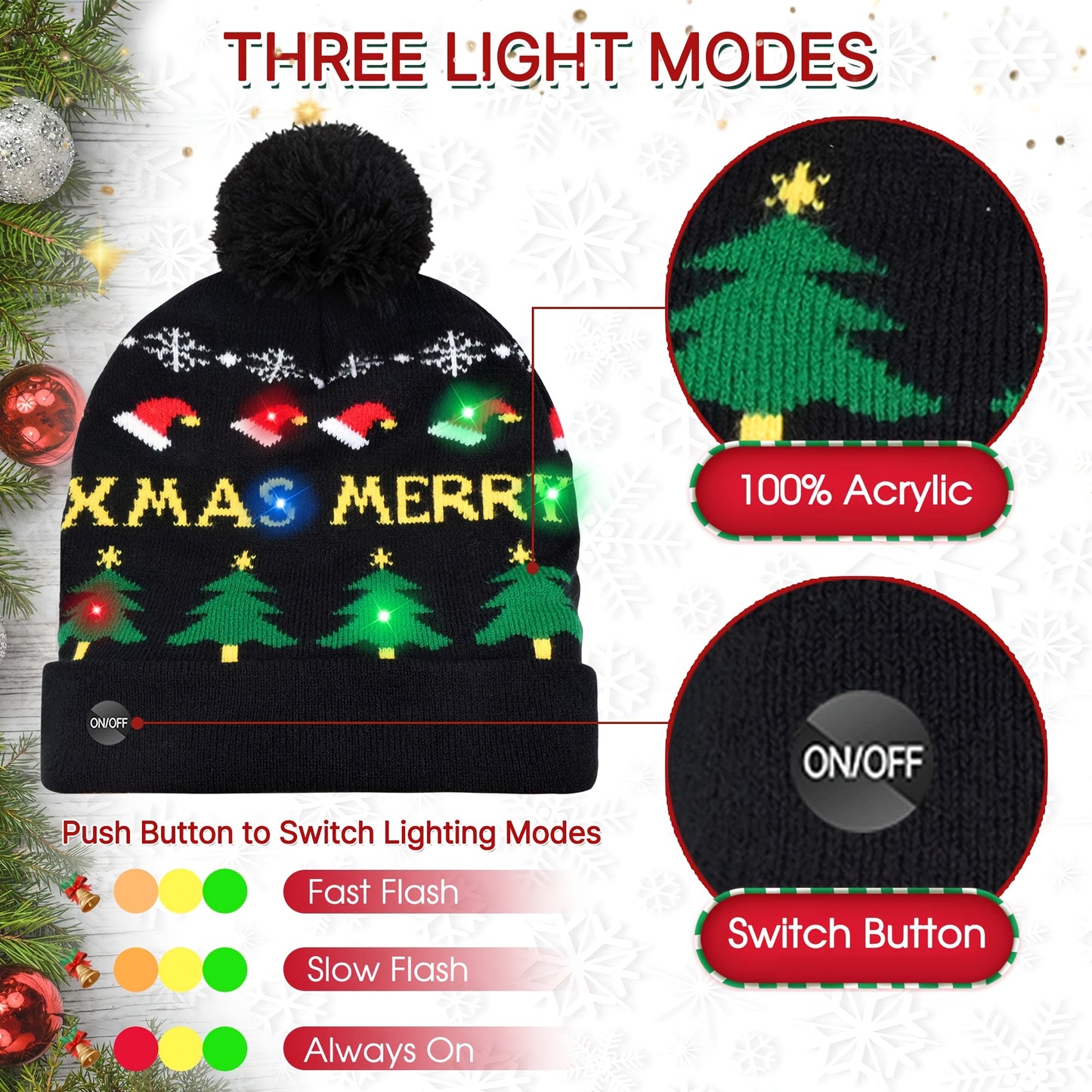 4pcs LED Light-Up Christmas Hats - Festive Knit Winter Hats with Glitter Accents, Perfect for Adults & Kids, Christmas & New Year Celebrations,  Material, Battery Operated (Button Battery), Christmas Accessories Halloween&Chr