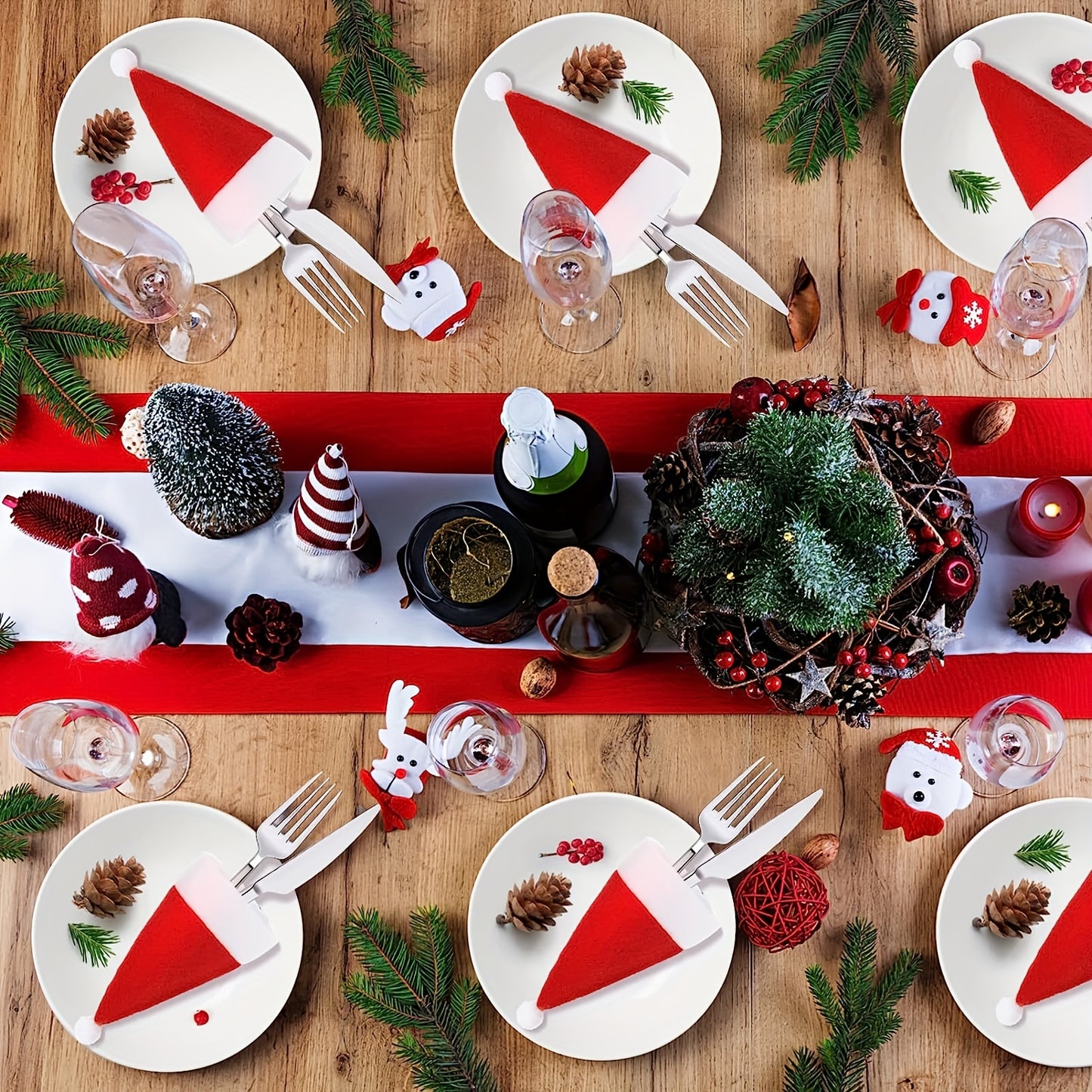 10pcs, Christmas Knife And Fork Small Hat, 2.36*4.72inch Red Mini Christmas Hat, Wine Bottle Knife And Fork Table Decoration, Suitable For Winter Christmas And All Seasons, Furry Christmas Accessories, Kitchen Accessories, Ki