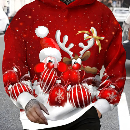 Men'S Christmas Hoodie - Santa Hat & Reindeer Graphic Pullover Sweatshirt, Red Holiday Sweater for Xmas Party Outfit, Casual Winter Wear - Cozy Men'S Clothing Gift, Christmas Clothes, Festive Casual Attire, Allover Print Desi