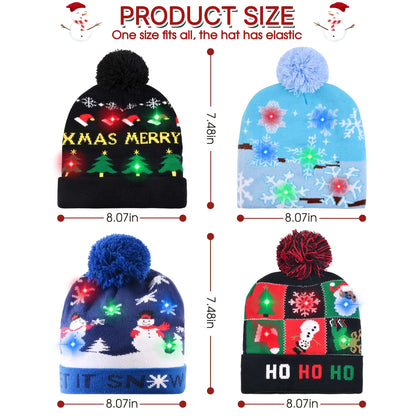 4pcs LED Light-Up Christmas Hats - Festive Knit Winter Hats with Glitter Accents, Perfect for Adults & Kids, Christmas & New Year Celebrations,  Material, Battery Operated (Button Battery), Christmas Accessories Halloween&Chr