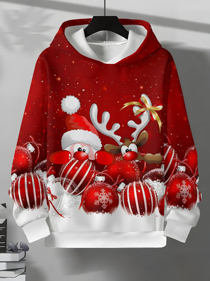 Men'S Christmas Hoodie - Santa Hat & Reindeer Graphic Pullover Sweatshirt, Red Holiday Sweater for Xmas Party Outfit, Casual Winter Wear - Cozy Men'S Clothing Gift, Christmas Clothes, Festive Casual Attire, Allover Print Desi