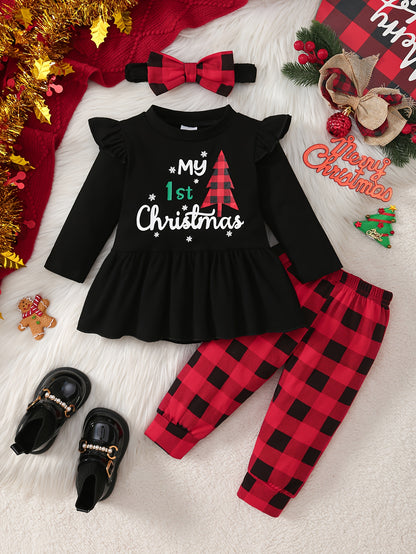 Adorable Baby Girl Christmas Outfit - Cozy Long-Sleeve Dress with "My 1st Christmas" Tree Print, Matching Checkered Pants & Red Bow Tie Scarf - Perfect Holiday Set for Newborns, Baby Girl Christmas Clothes, Perfect for Outdoo