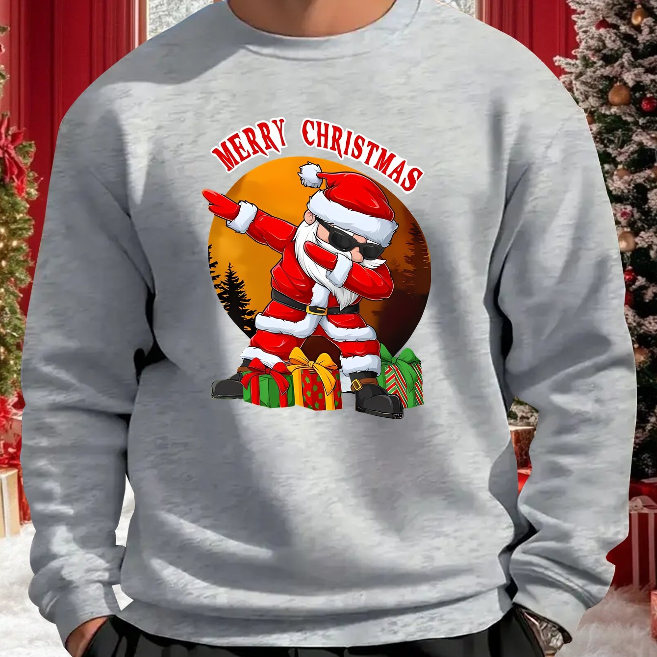 Men's Christmas Santa Claus & Reindeer Print Sweater, Oversized Round Neck Casual Pullover, 'Merry Christmas' Lettering Loose Fit Winter Warmth, Machine Washable Holiday Party Outfit, Christmas Clothes Festive Clothing