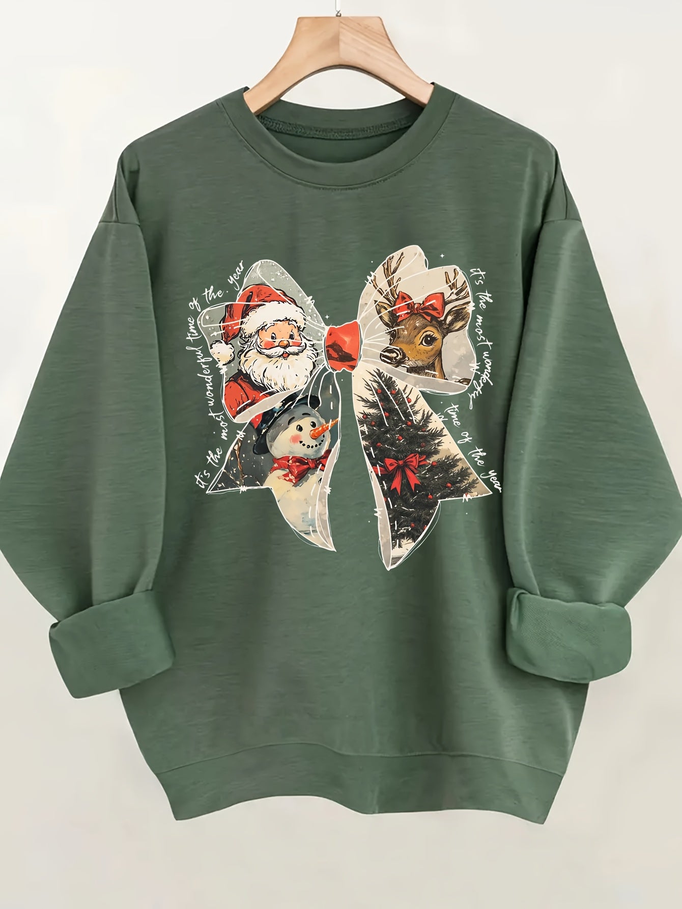 Women'S Christmas Sweater - Olive Green Holiday Pullover with Santa, Cozy Long Sleeve Round Neck Sweater for Christmas Party, Family Gathering, Everyday Winter Outfits - Easy Care Casual Holiday Top, Christmas Clothes, Festiv