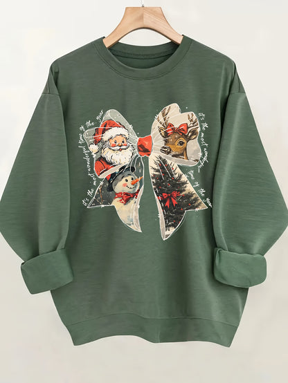Women'S Christmas Sweater - Olive Green Holiday Pullover with Santa, Cozy Long Sleeve Round Neck Sweater for Christmas Party, Family Gathering, Everyday Winter Outfits - Easy Care Casual Holiday Top, Christmas Clothes, Festiv