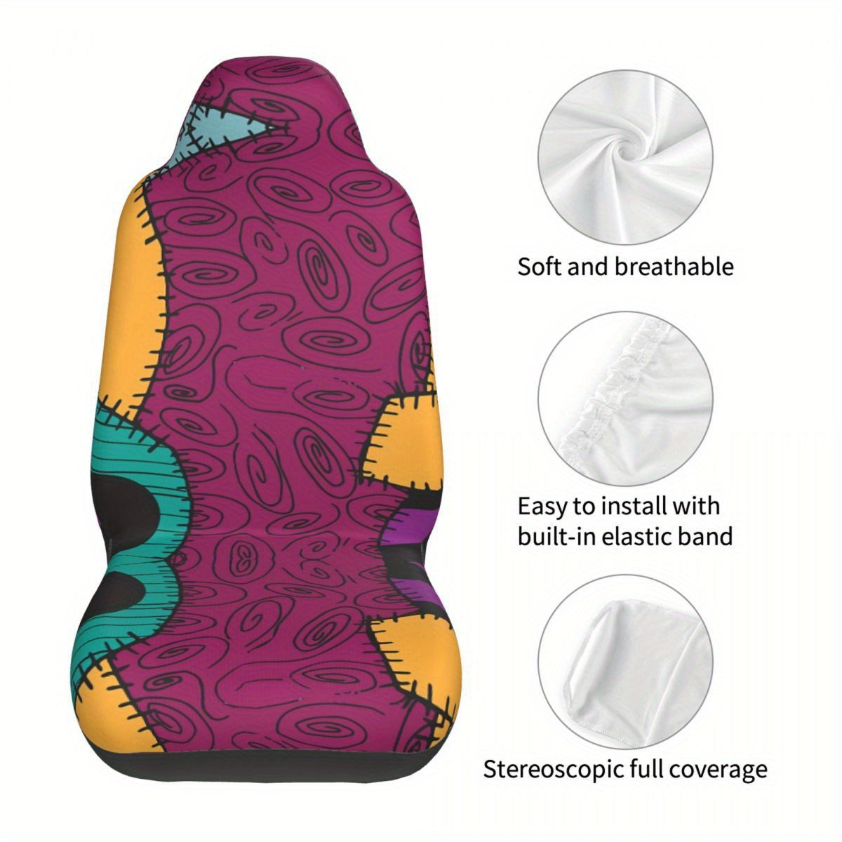 6-Piece Complete Car Decoration Kit - Soft Polyester Steering Wheel Cover, Center Console Pad, Cup Holder Coasters, and More - No Filler, Durable, and Easy to Clean Nightmare Before Christmas Accessories