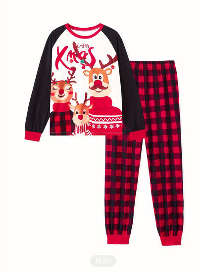 MOSSRIVER Christmas Pajamas Family Matching Soft Reindeer Print Set - Cozy Long Sleeve & Pants, Red & Plaid Design with Santa & Reindeer, Perfect for Celebrations, All-Season Comfort, Christmas Clothes, Festive, Playful Desig