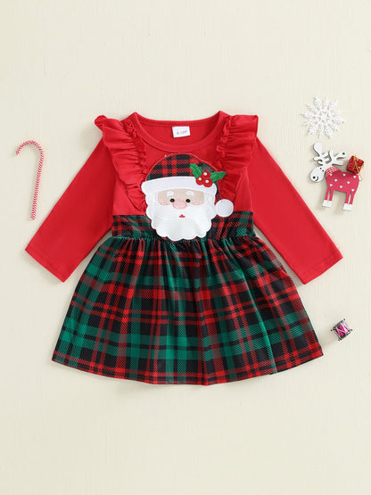 Baby Girl Christmas Dress with Santa Hat & Plaid Skirt - Long Sleeve A-Line Winter Outfit, Ruffle Trim, Knee-Length, Red & Green Checkered Design, Perfect for Fall & Winter, Baby Girl Christmas Clothes, Holiday Infant Wear, P